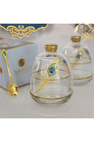 SAMSA طقم إبريق سكر بطبعة طاووس ذهبي قطعة واحدة - هدية ملعقة معدنية