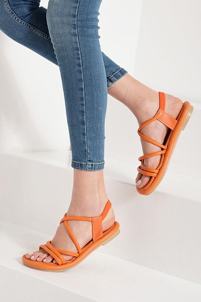 Beyond Women's Orange Spark Cross Strapped Puff Elastic Leather Sandals 2cm Byndsprk01