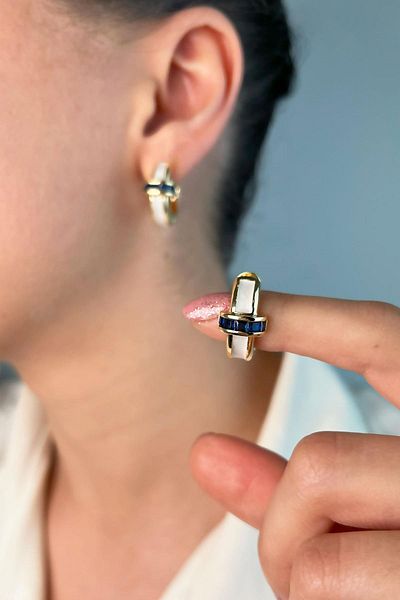 Sose Moda White Enameled Navy Blue Stone Hoop Earrings
