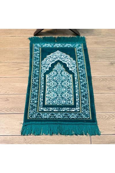 İkranur Velvet Children's Prayer Rug - Green 38x80 cm - 180 gr - With Rosary Gift