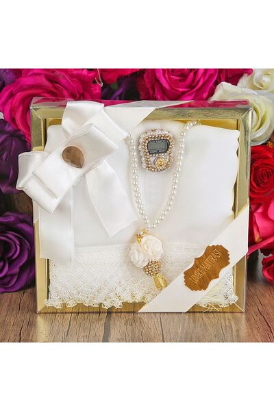 İkranur Hediyelik Iğne Oyalı Şal, Topuzlu Güllü Inci Tesbih, Lüks Taşlı Zikirmatik Asetatlı Mevlid Paketi-