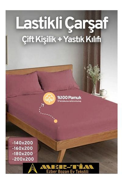 mer-tim ezberbozan ev tekstili Mer-Tim Cotton Ranforce Double Elastic Fitted Sheet and Pillowcase Set
