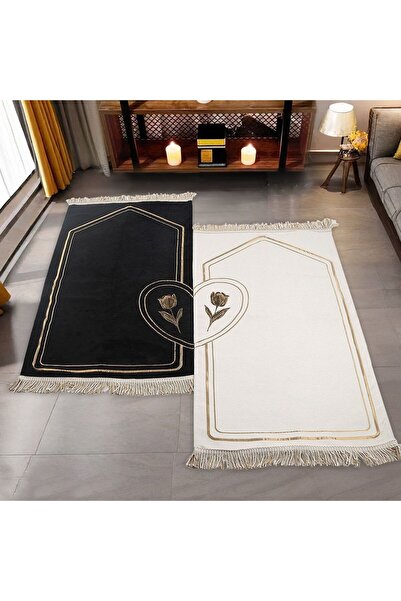 İkranur Kalbi Tamamla Eşlere Özel Çiftli Seccade Siyah Beyaz Gold Işlemeli(70...