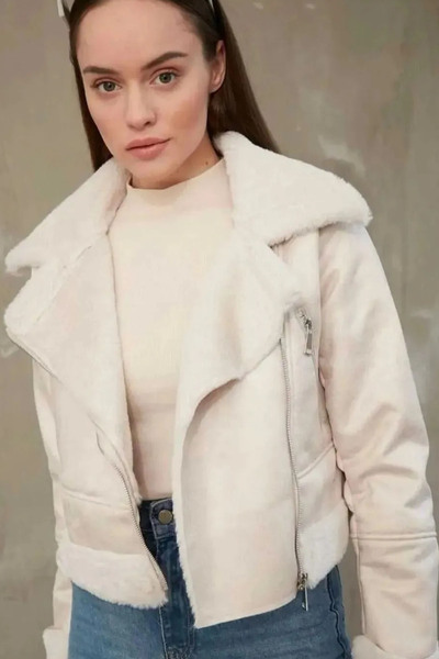 Swana Jachetă de motociclist de damă bej - blană artificială și textura din p...