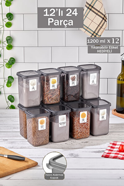 Home Evan 12'li 24 Parça Kare Erzak ve Bakliyat Saklama Kabı Seti 12x(1200 ml...