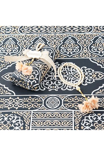 İkranur Gift Kaaba Door Prayer Rug & Pearl Rosary with Roses