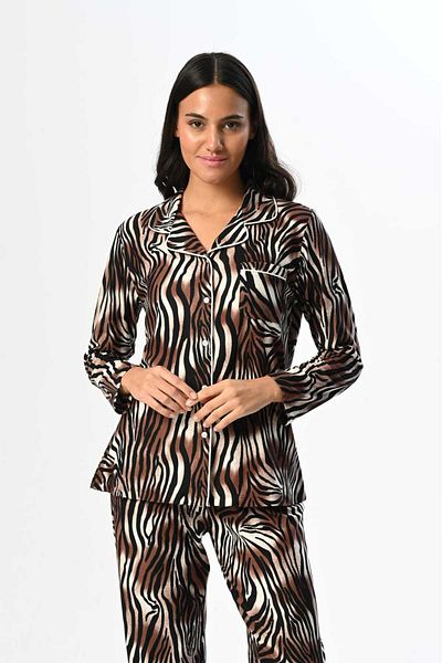 Marilyn Club Long Sleeve Shirt Collar Zebra Print Length Button-Down Women's Pajamas Set