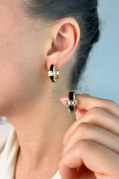 Sose Moda White Stone Black Hoop Earrings - Enameled