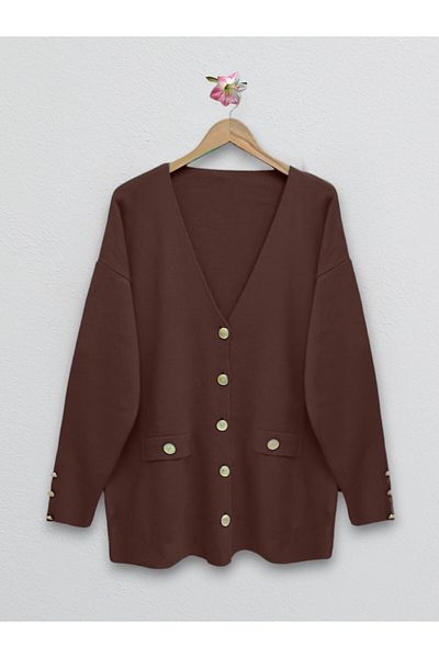 Modamorfo Metal Buttoned Cardigan with Pocket Detail -Brown