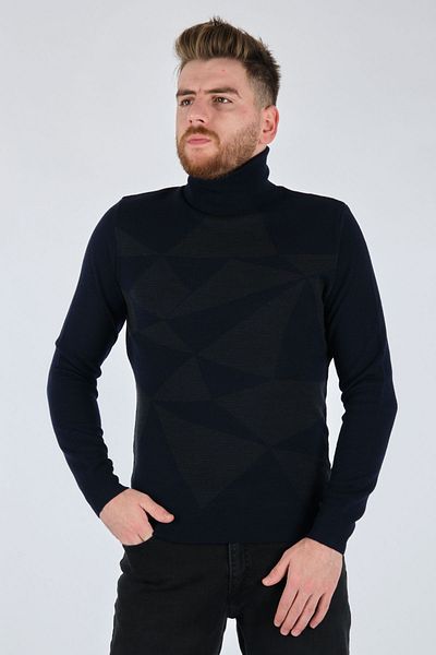 Ecer Turtleneck Geometric Pattern Long Sleeve Navy Blue Men's Knitwear77022123