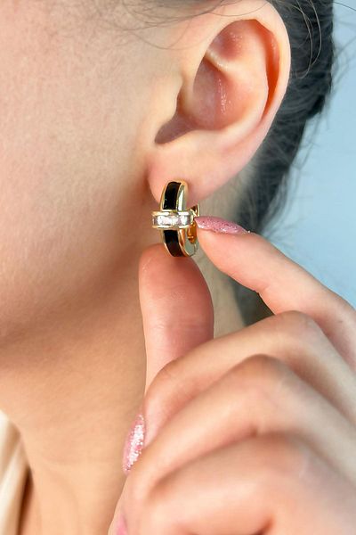 Sose Moda White Stone Black Hoop Earrings - Enameled