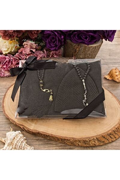 İkranur هدية شال لامع، خرزات صلاة لؤلؤية، قلنسوة، 33 خرزة صلاة، مجموعة دينية مع صندوق خلات (26X23) - أسود