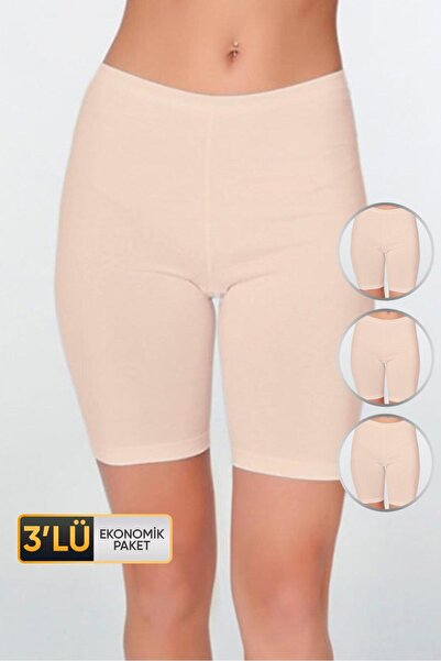 Çift Kaplan Kadın Elastanlı Uzun Ten Şort 611 6'lı Ekonomik Paket