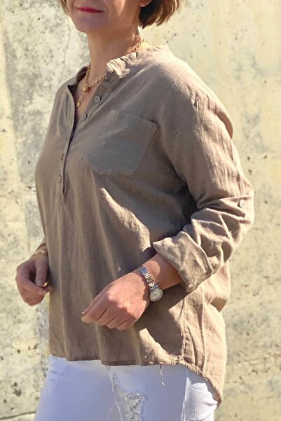 Mia Butik بلوزة نسائية بياقة محكمة من الكتان باللون البيج