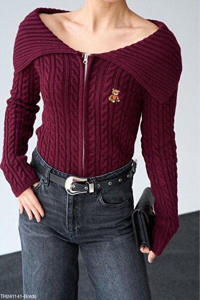 Lupies Kadın Bordo Degaje Yaka Fermuarlı Ayıcık Nakışlı Triko Hırka