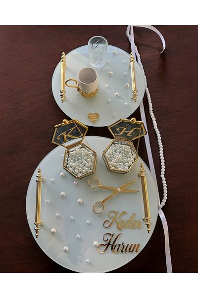 CyzHome Beloved Gold White Pearl Promise Tray Engagement Tray and Groom Coffee Cup Tray