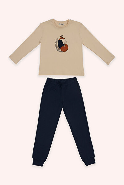 Panço Erkek Çocuk Bej Tilki Baskılı Pijama Takımı