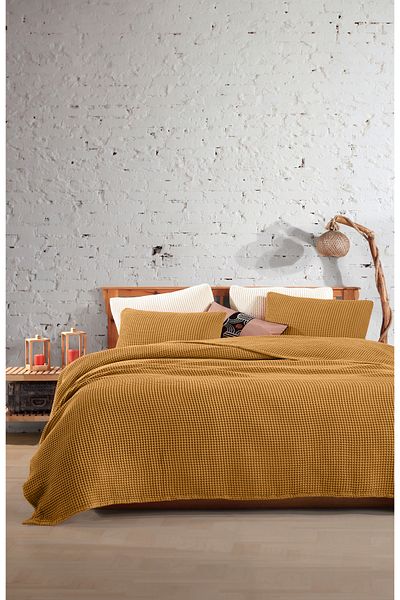 destinyhometex 100% bumbac Waffle Cuvertură de pat dublă fără franjuri 230x250/2 bucăți fețe de pernă 50x70cm