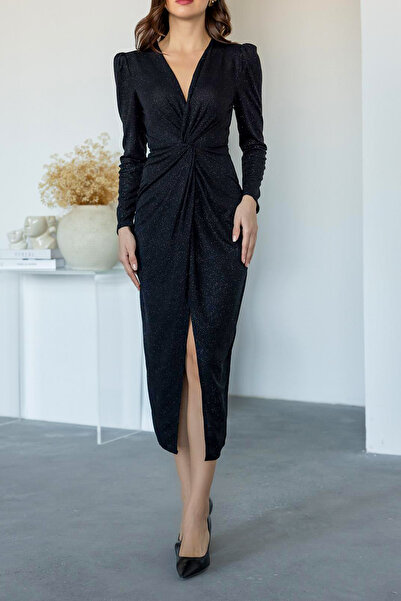 Neşeli Butik kadın büzgü detaylı simli gece elbisesi NBMY3633