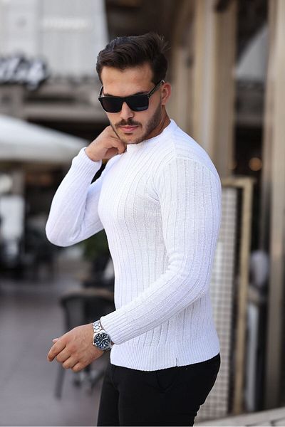 Cosy&Chic Men's White Crew Neck Knitwear Sweater