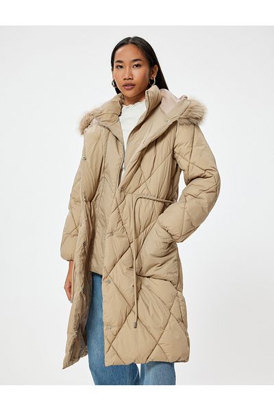 Koton Extra Long Puffer Coat with Faux Fur Hood and Belt - Wind Cap