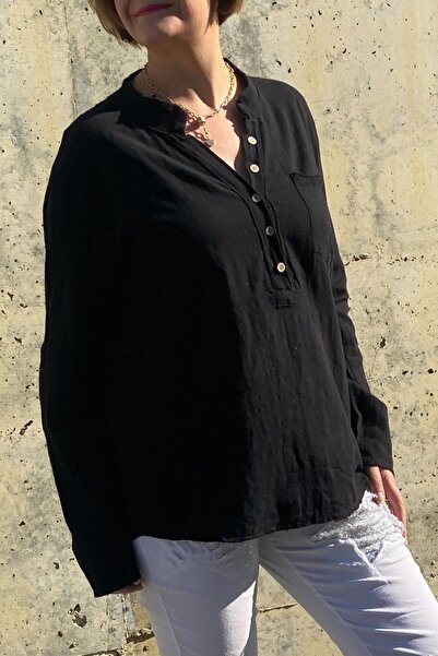 Mia Butik Women's Black Linen Turndown Collar Blouse