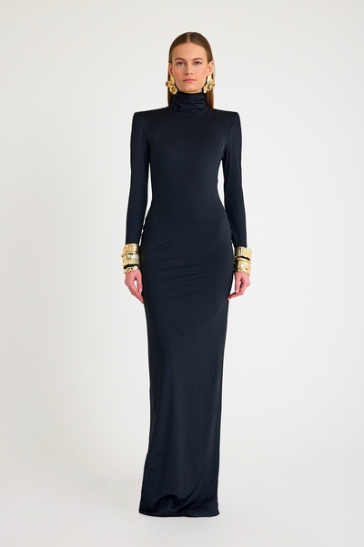 TARA COŞKUNTUNCEL Siyah Balıkçı Yaka Sırt Detaylı Maxi Elbise
