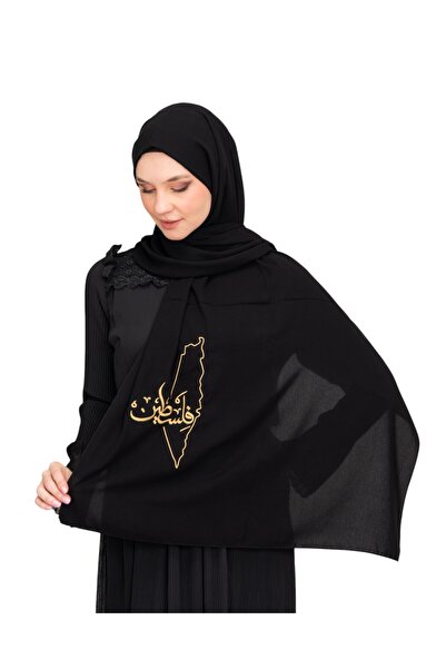 Zaytoon Palestine Map Embroidery Black Polyester Shawl - Gold Lettering S 100026
