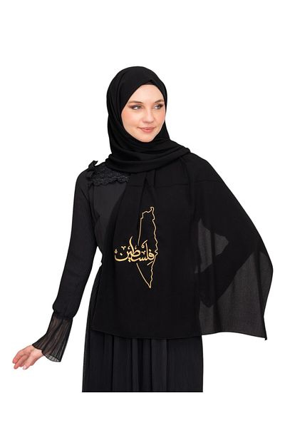 Zaytoon Şal din poliester negru cu broderie cu hartă palestiniană - S cu litere aurii 100026