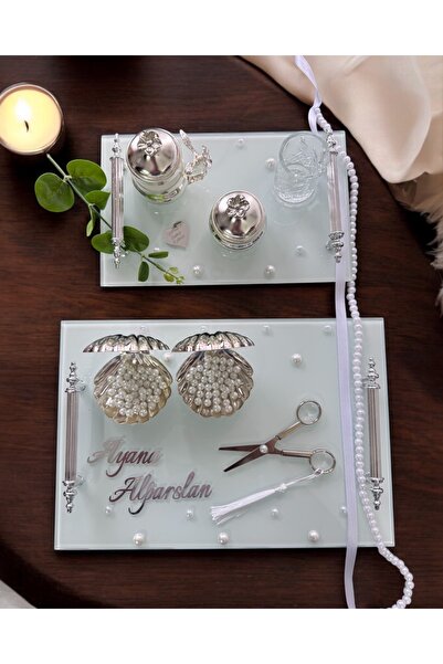 Cyz Home Bonding Gümüş Beyaz İncili Söz Tepsisi Nişan Tepsisi ve Damat Kahve ...