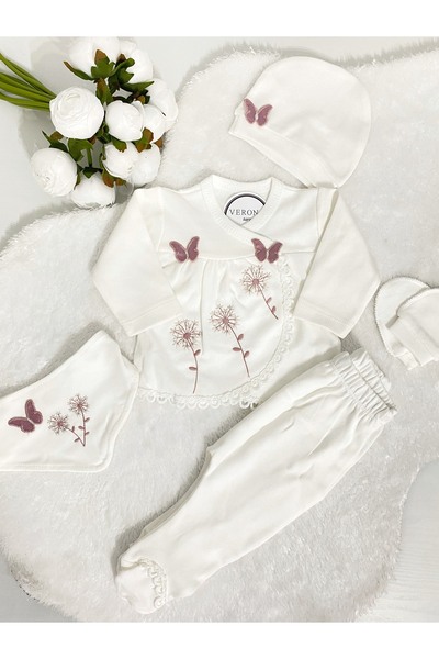 VERONA TARZ Organic 5-Piece Hospital Discharge Set with Butterfly Embroidery for Baby Girl - Newborn Outfit 50-56cm 0-3Months