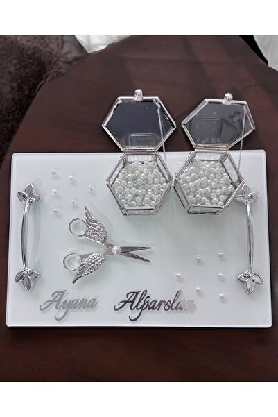 Cyz Home Adore Silver White Pearl Promise Tray Engagement Tray and Groom Coffee Cup Tray