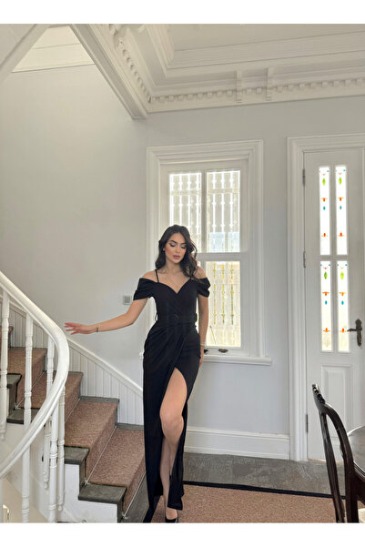 Sindimoda Düşük Omuz İp Askı Yırtmaçlı Abiye