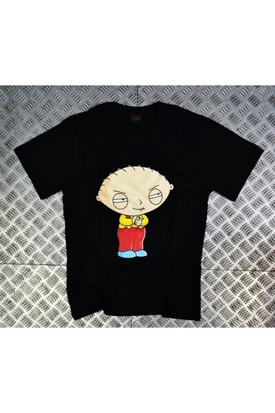 fame-stoned Family Guy Baskılı Unisex %100 Pamuk Siyah T-shirt