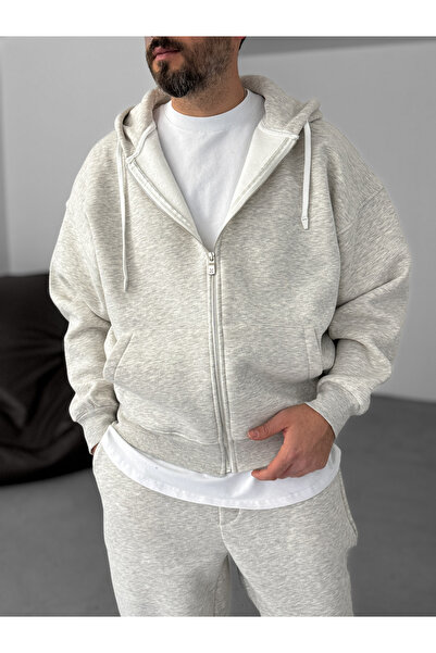 BYBASICMAN Светло сива суитшърт с качулка и цип - JJ-82