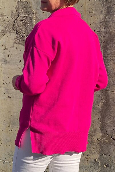 Mia Butik Plus Size Fuchsia Polo Neck Knitwear Blouse