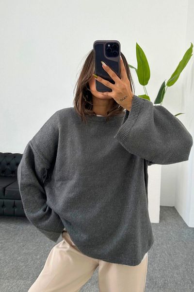 FMN Moda Women Oversize Loose Fitting Pinterest Wide Sleeve Knit Knitwear O-Neck Medium Length Soft Sweater