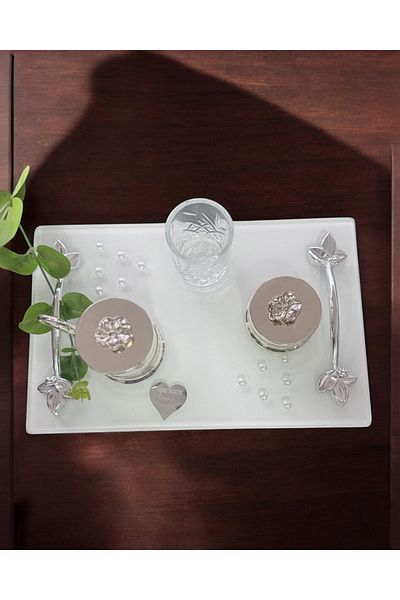 CyzHome Adore Silver White Pearl Promise Tray Engagement Tray and Groom Coffee Cup Tray