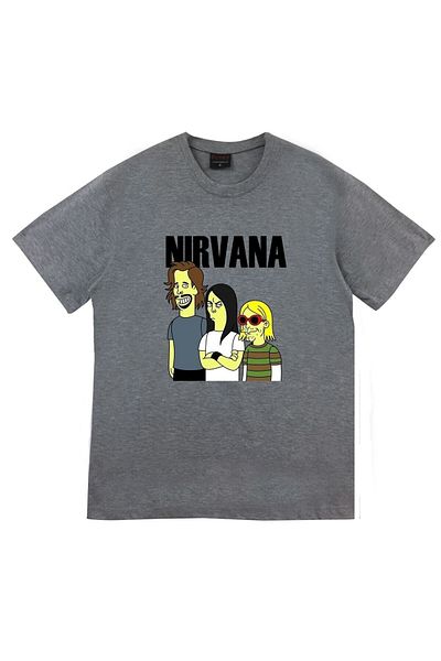 fame-stoned Μπλουζάκι Nirvana Music Band με στάμπα Unisex 100% βαμβακερό γκρι μπλουζάκι