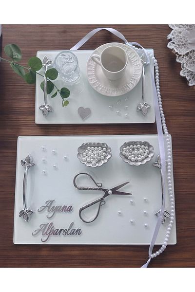 CyzHome Adore Silver White Pearl Promise Tray Engagement Tray and Groom Coffee Cup Tray