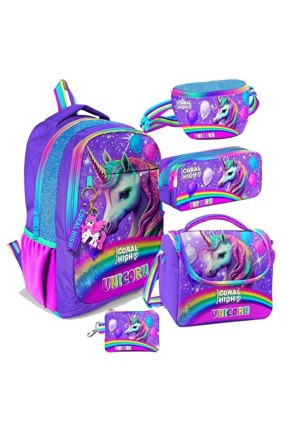 Coral High Mor Simli Unicorn Desenli Kız Çocuk Beşli Okul Çanta Seti - İlkoku...