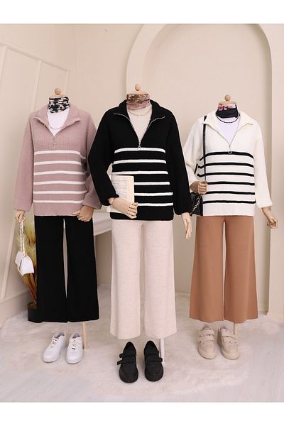 Modamorfo Pulover din tricot cu dungi laterale cu jumătate de fermoar - negru