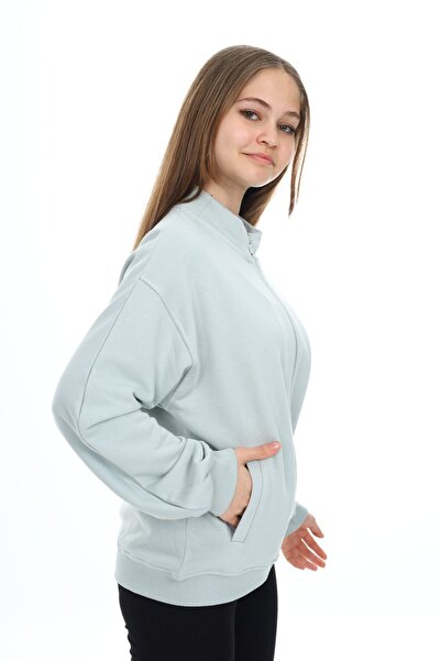 Toontoy Girl's Mock Neck Zippered Pockets Off-Shoulder Embroidery Printed Knitted Cardigan -3 Thread Without Sharudun