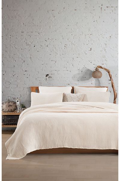 destinyhometex 100% Cotton Waffle Double Fringeless Bedspread 230X250/2 Pcs Pillowcases 50X70Cm
