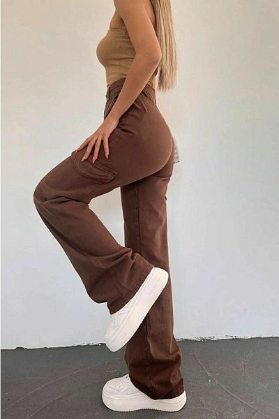 DRC trend Pantaloni Cargo Palazzo de damă, maro, fără decolorare, din Lycra, fără buzunar la spate
