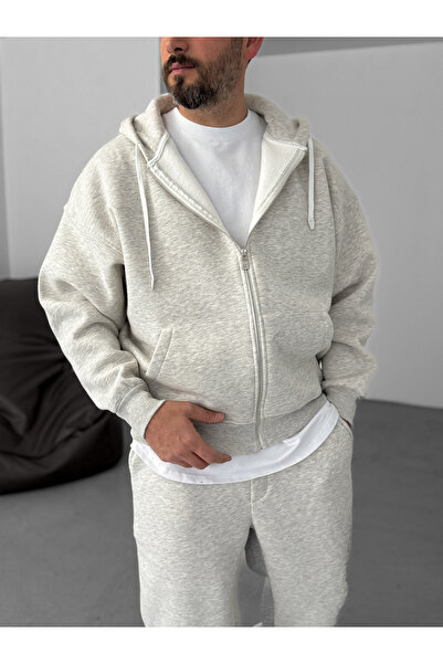 BYBASICMAN Светло сива суитшърт с качулка и цип - JJ-82