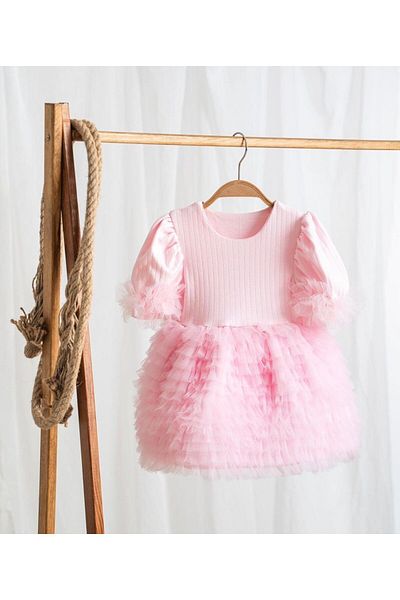 Pop Girls' Candy Pink Short Sleeve Dress with Sleeves and Skirt Tulle