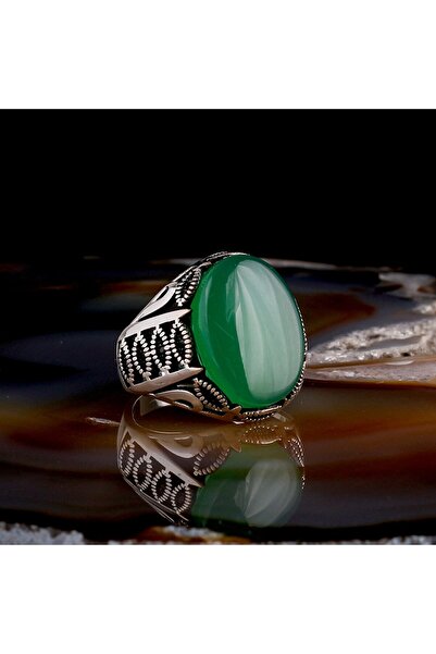 Tesbihsepetim YEŞİL AKİK TAŞLI OVAL MODEL 925 AYAR GÜMÜŞ ERKEK YÜZÜK