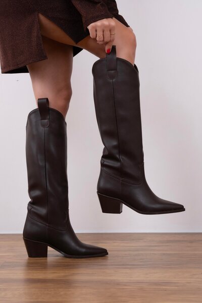 Afilli Cizme de cowboy occidentale sexy, fără șireturi, cu toc gros, cu vârf ascuțit, maro amar, pentru femei Afili