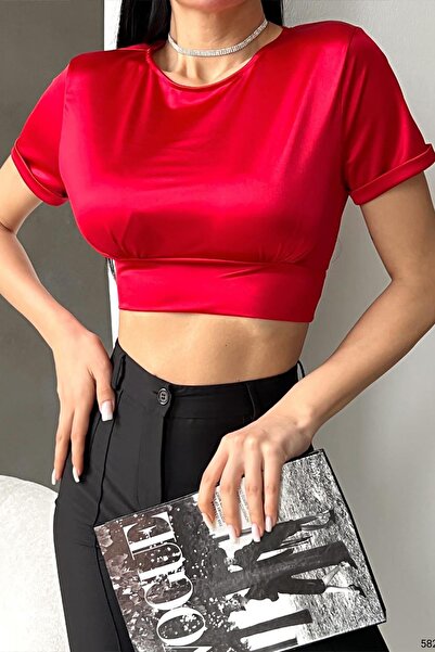 Deafox Open Back Red Satin Blouse - With Tie Detail